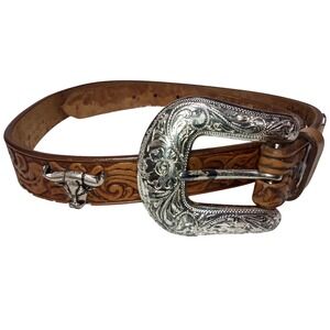 Justin Western Leather Belt Silver Bull Boot Horseshoe Buckle‎ Tooling Size 32